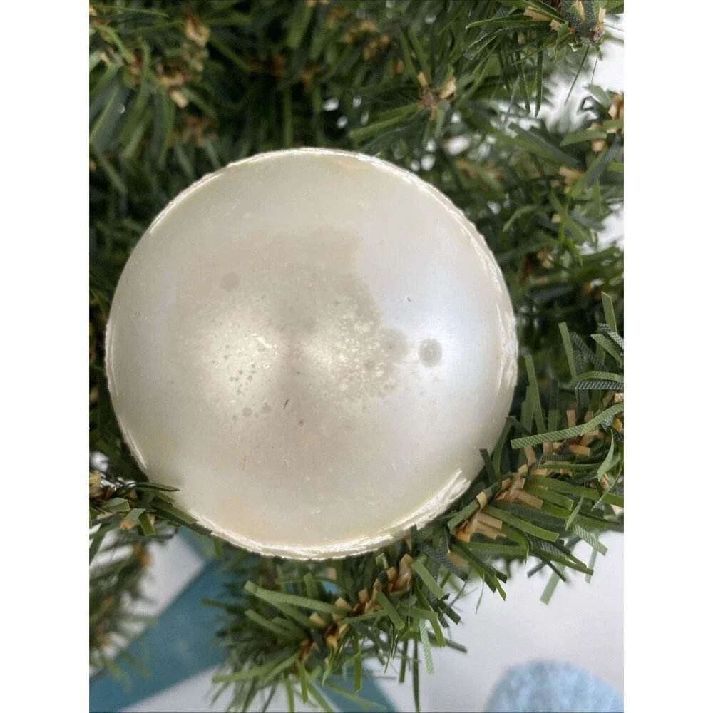 Vintage White Made USA MERRY CHRISTMAS Mica Stenciled Ball Ornament Holiday